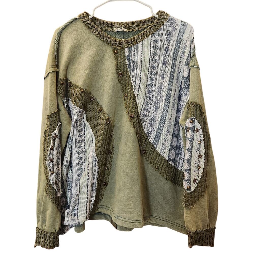 POL Patchwork Boho Mixed Media Sage Green Oversized Knit Pullover Top M